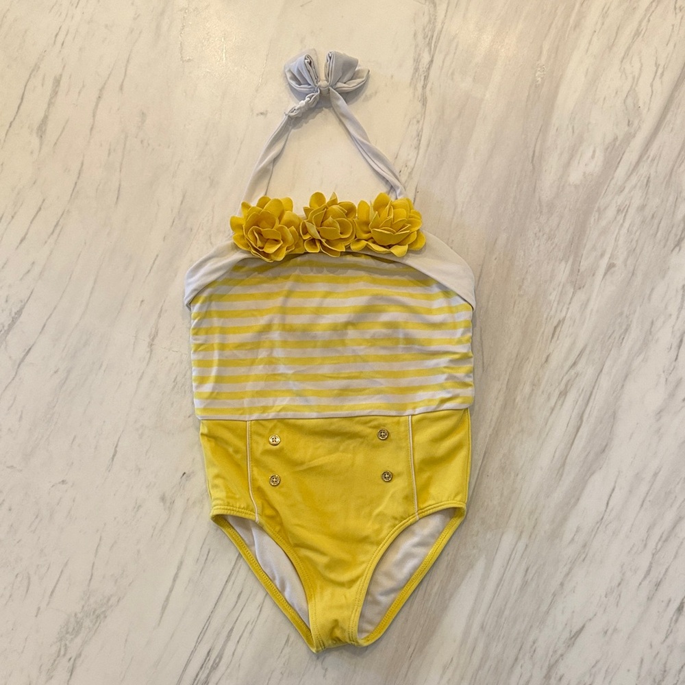 Janie and Jack Yellow and White Striped Halter Swimsuit, Vintage Style, size 5